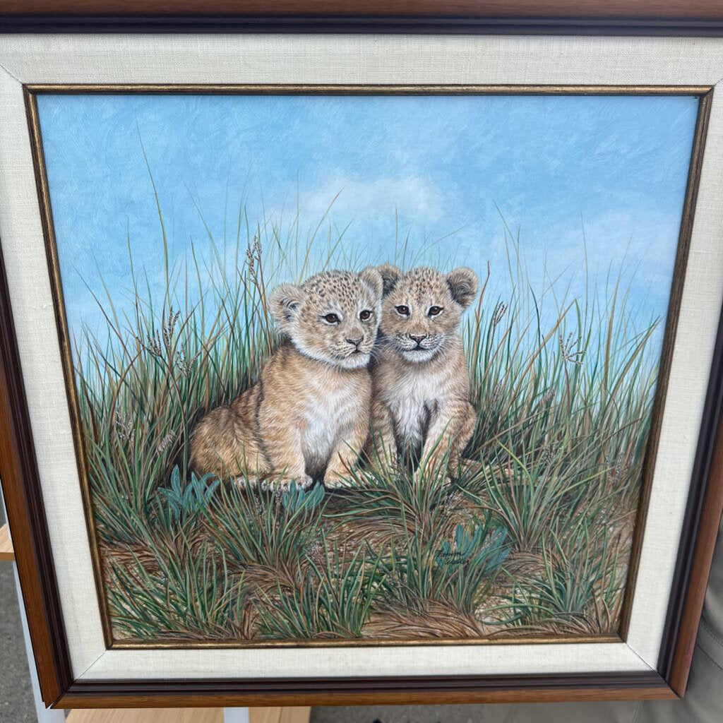 lion cubs in grass original 18 by 18